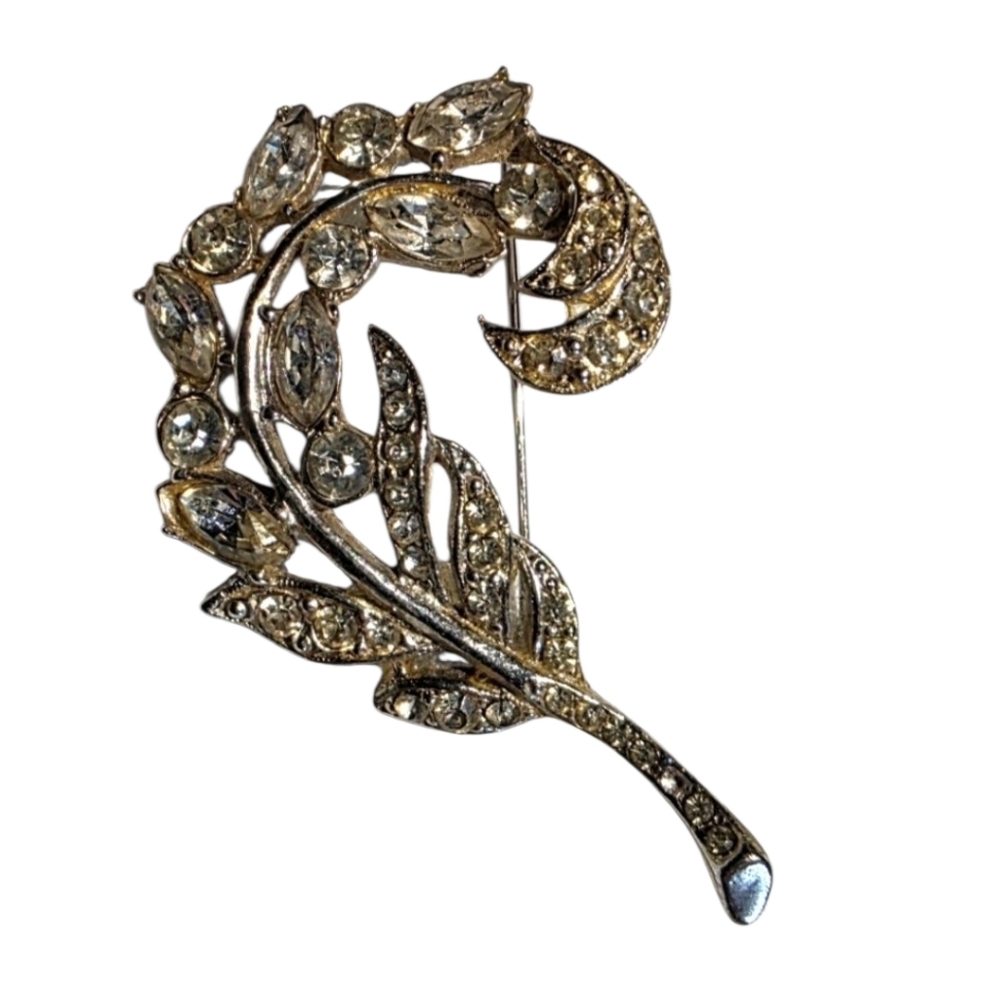 Vintage Rhinestone Leaf Brooch Silvertone Metal EUC